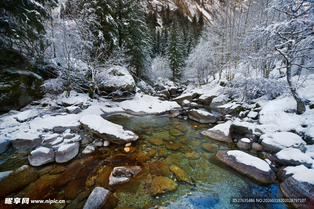 冬日雪覆溪流美丽景致