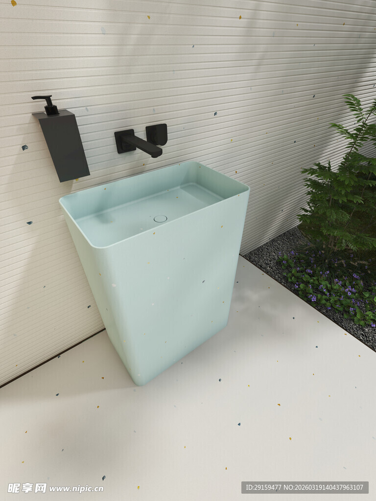 淡蓝色洗手盆靠墙摆放