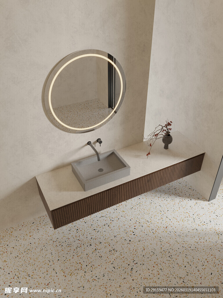 简约浴室洗手台与圆镜