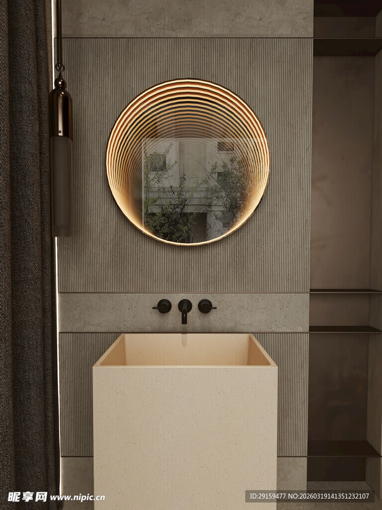 现代简约风格洗手台与圆镜