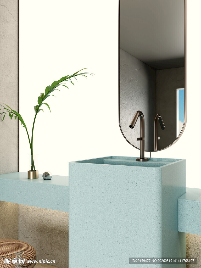 浅蓝色洗手台配绿植镜子