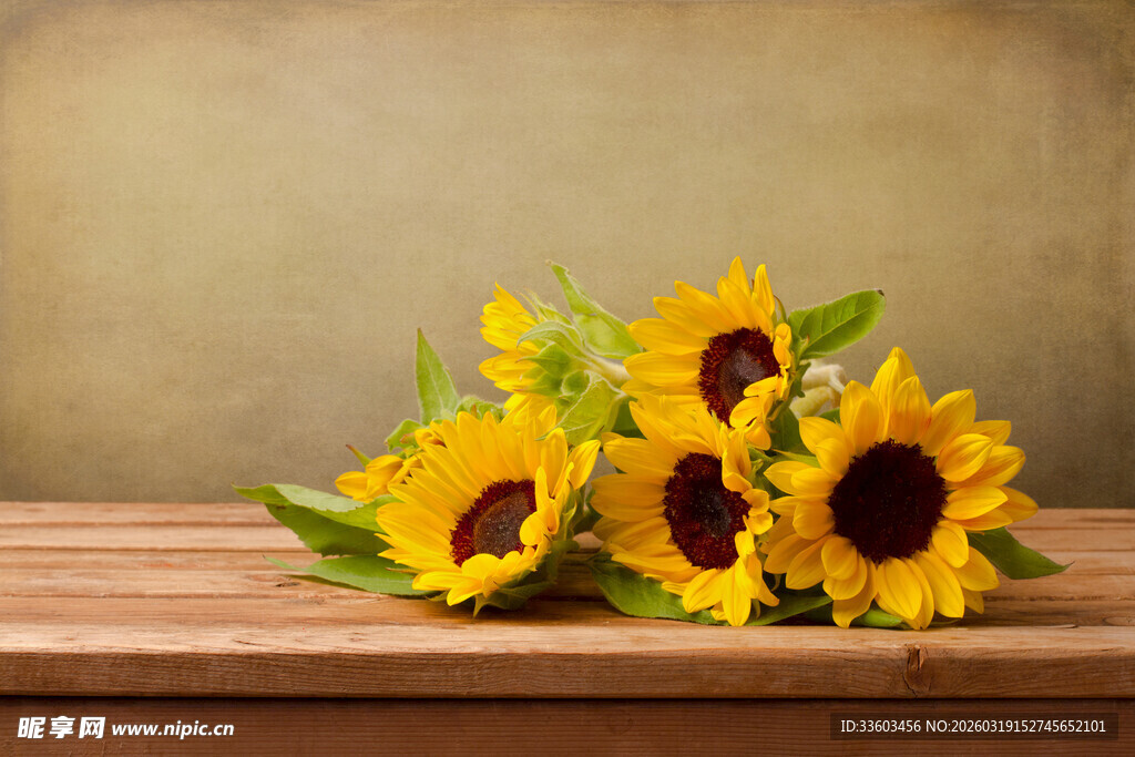 木桌上的几束向日葵