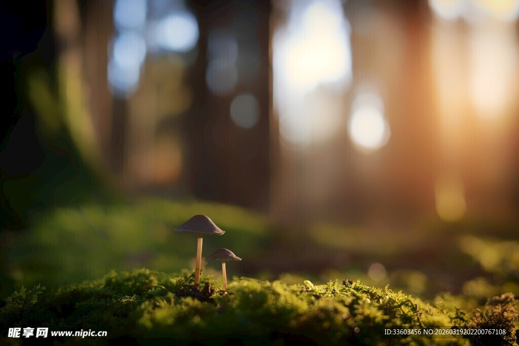 阳光照耀下的林间苔藓蘑菇