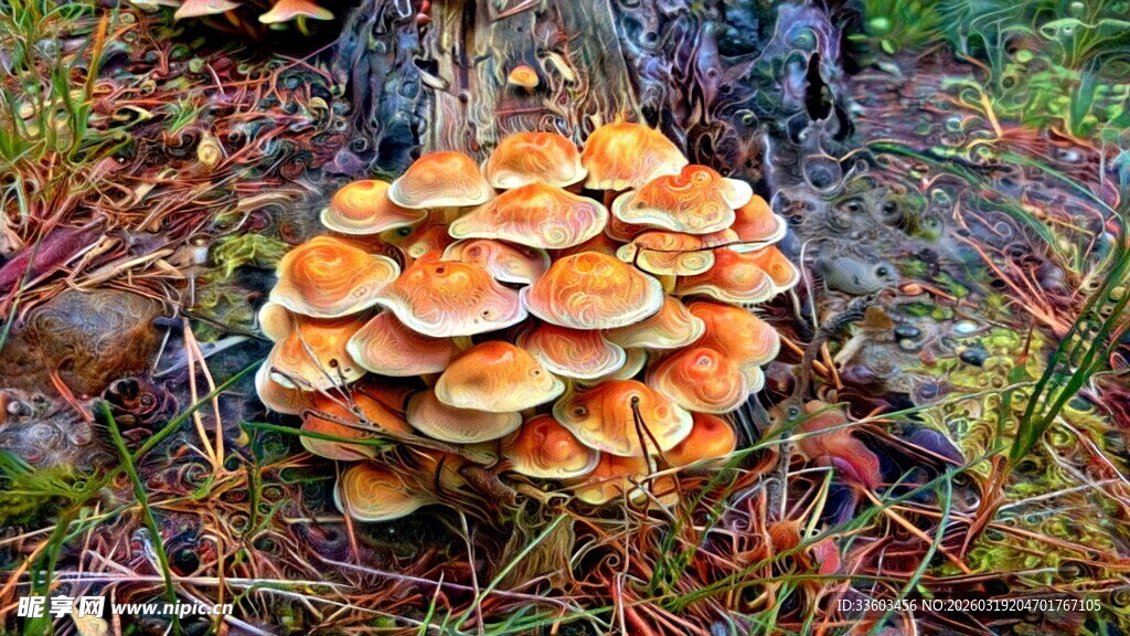 橙色蘑菇簇生于林间草地