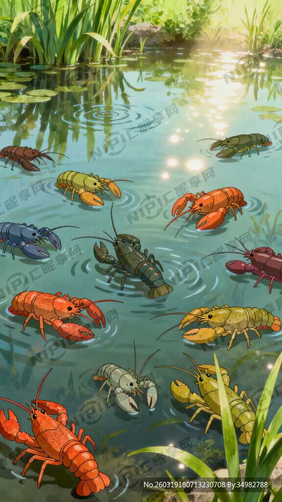 很多不同颜色的龙虾在池塘里