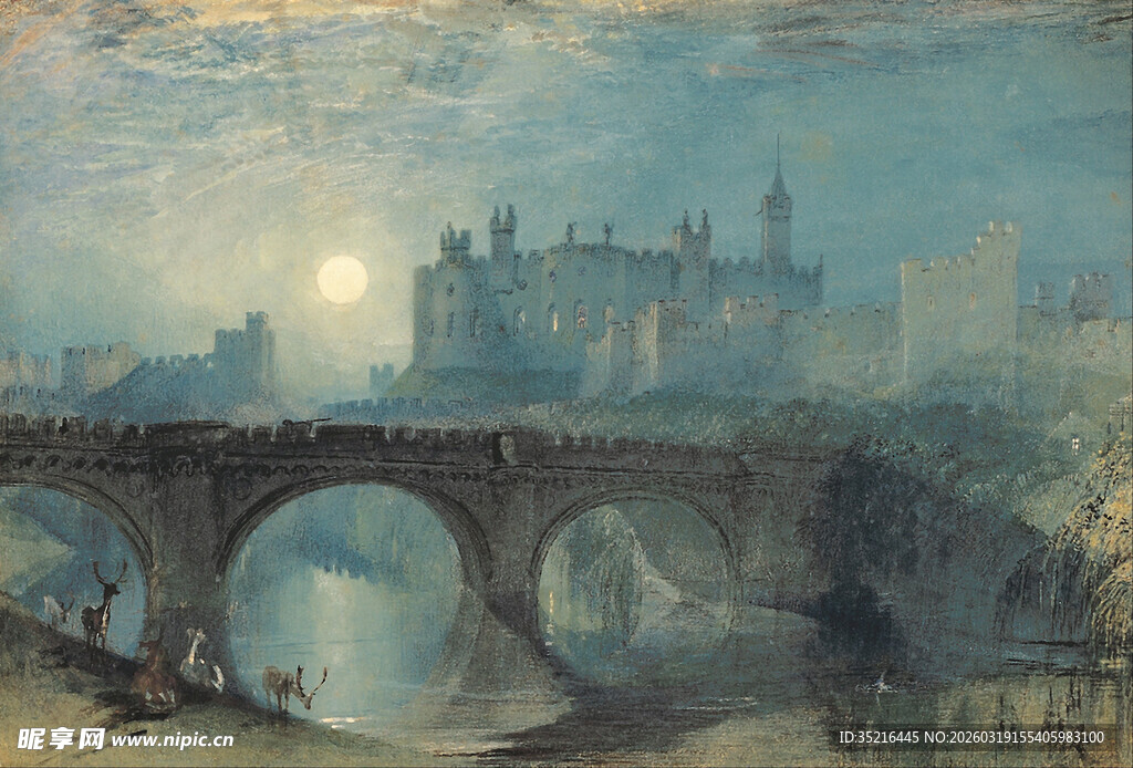 河畔城堡桥梁风景图