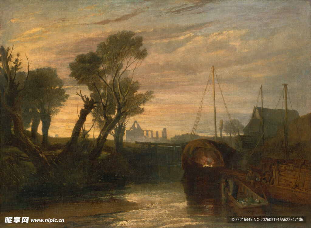 河畔黄昏船只风景油画
