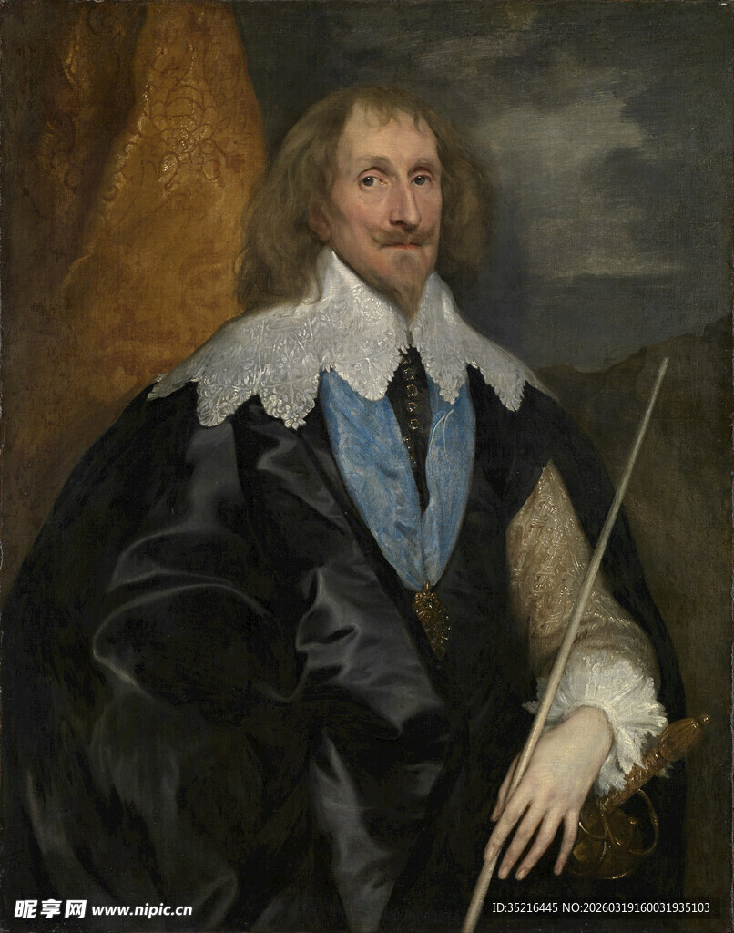 古典男子持杖肖像画