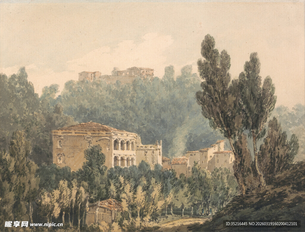 古典风景中的建筑与树林