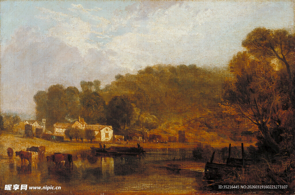 河畔乡村景致油画