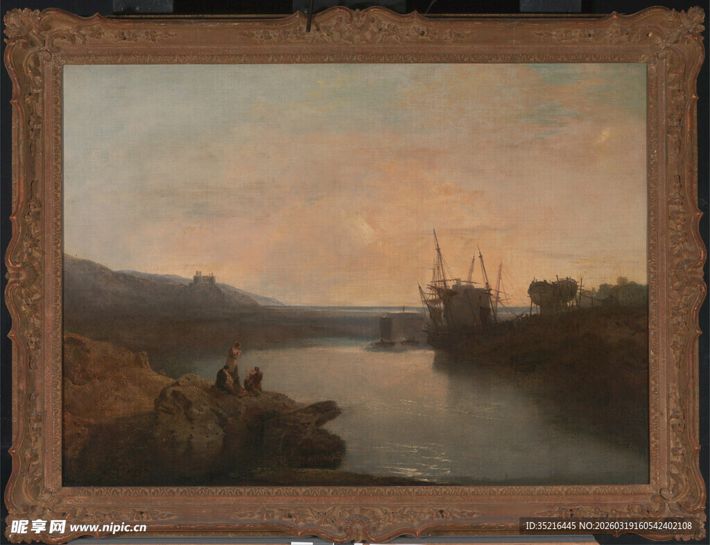 河畔船只黄昏风景油画