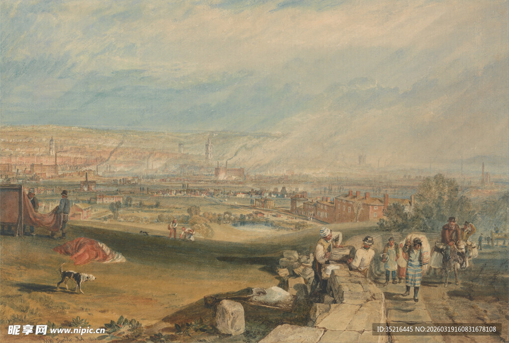 港口热闹景象的复古画作