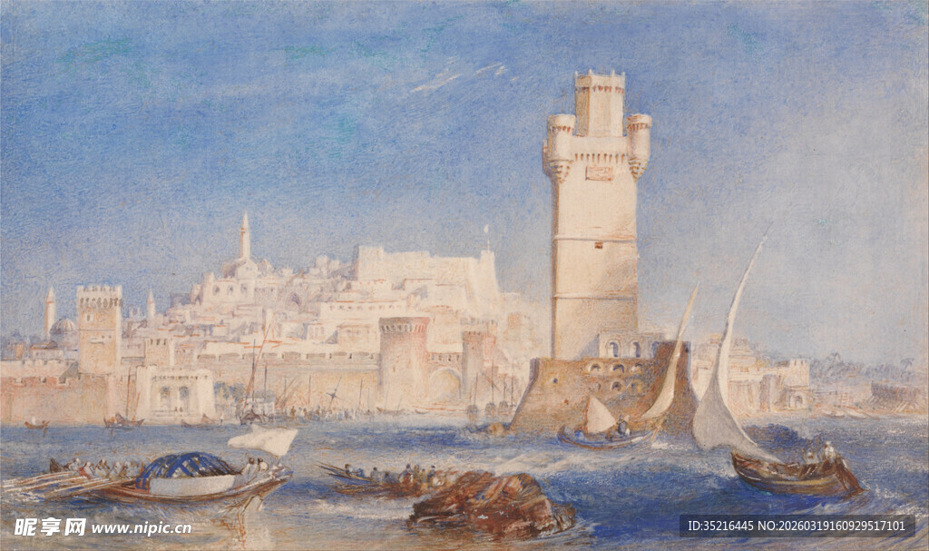 海边灯塔与远处城镇风景