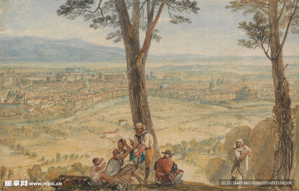 野外休憩的人物风景油画