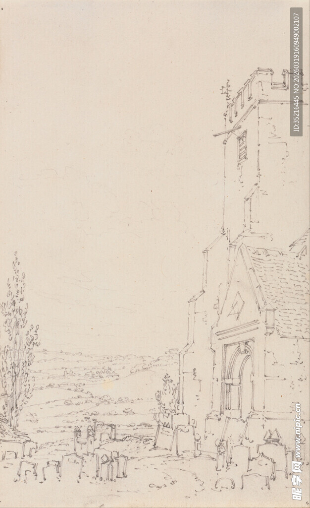 古老城镇建筑风景素描