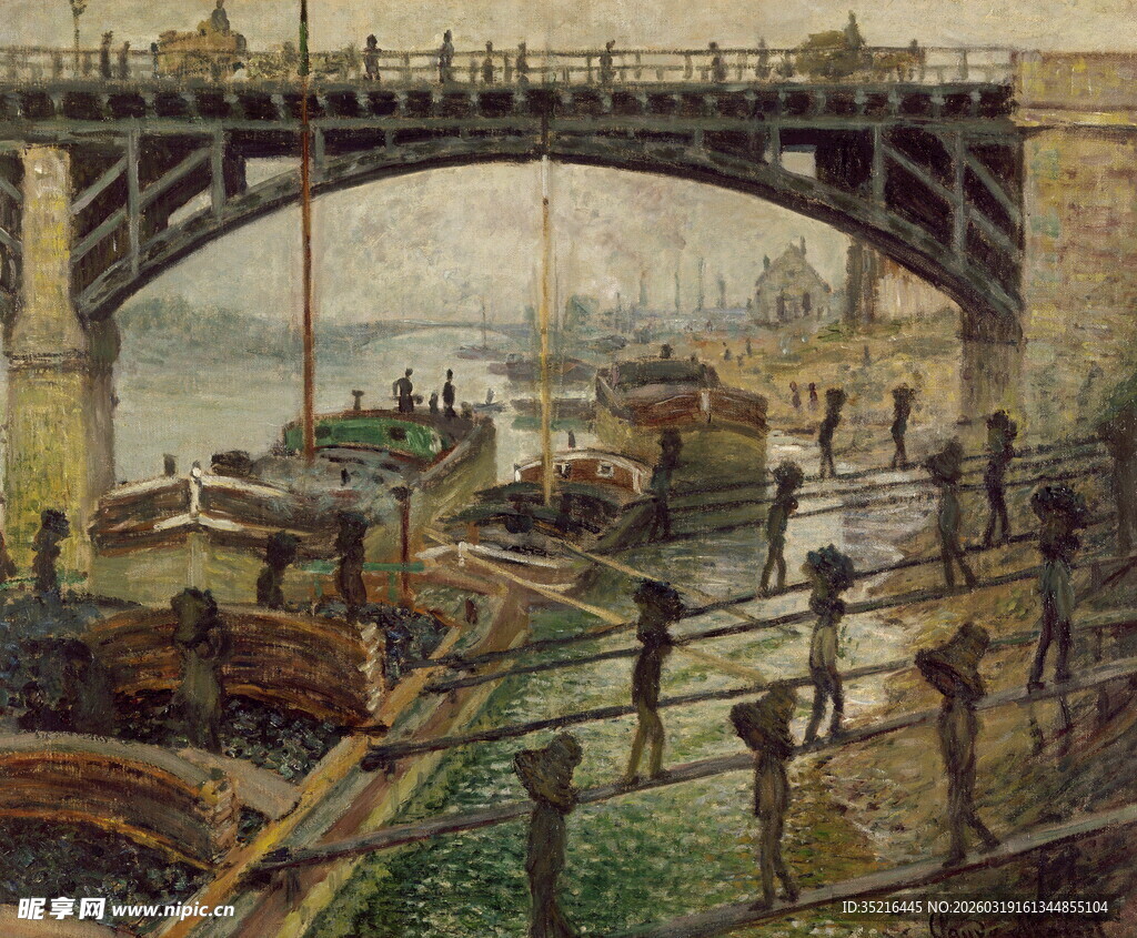 河畔劳作场景中的古老桥梁