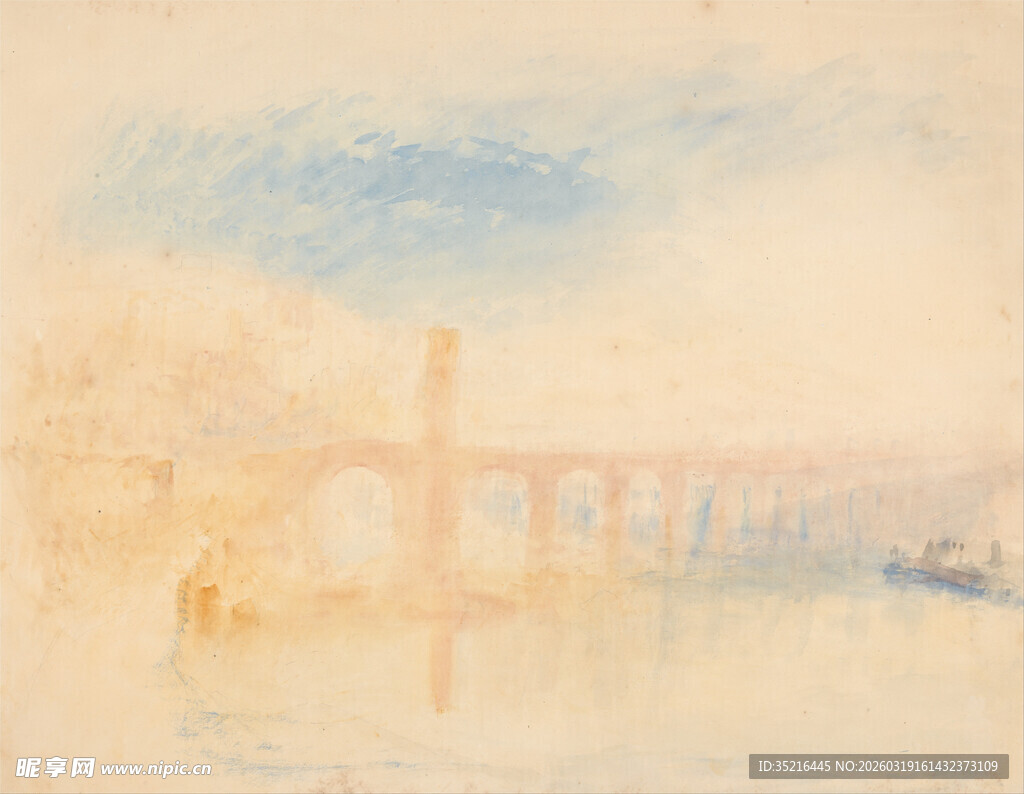 河畔桥梁朦胧风景图