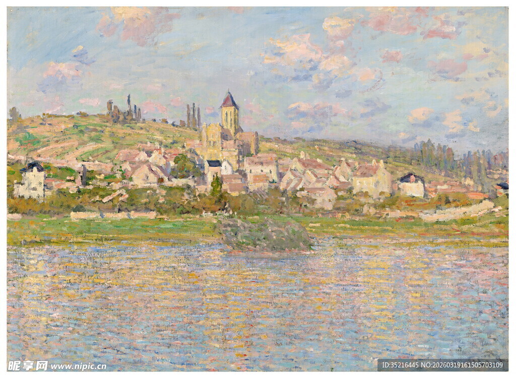 河畔小镇风景油画