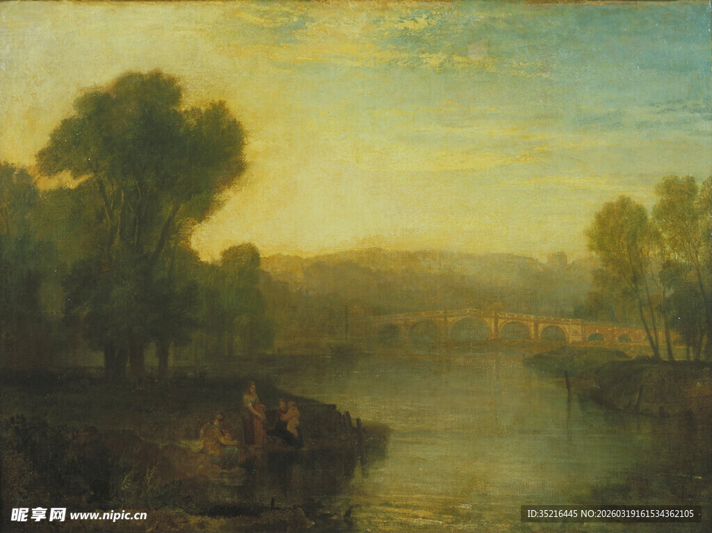 河畔黄昏风景油画