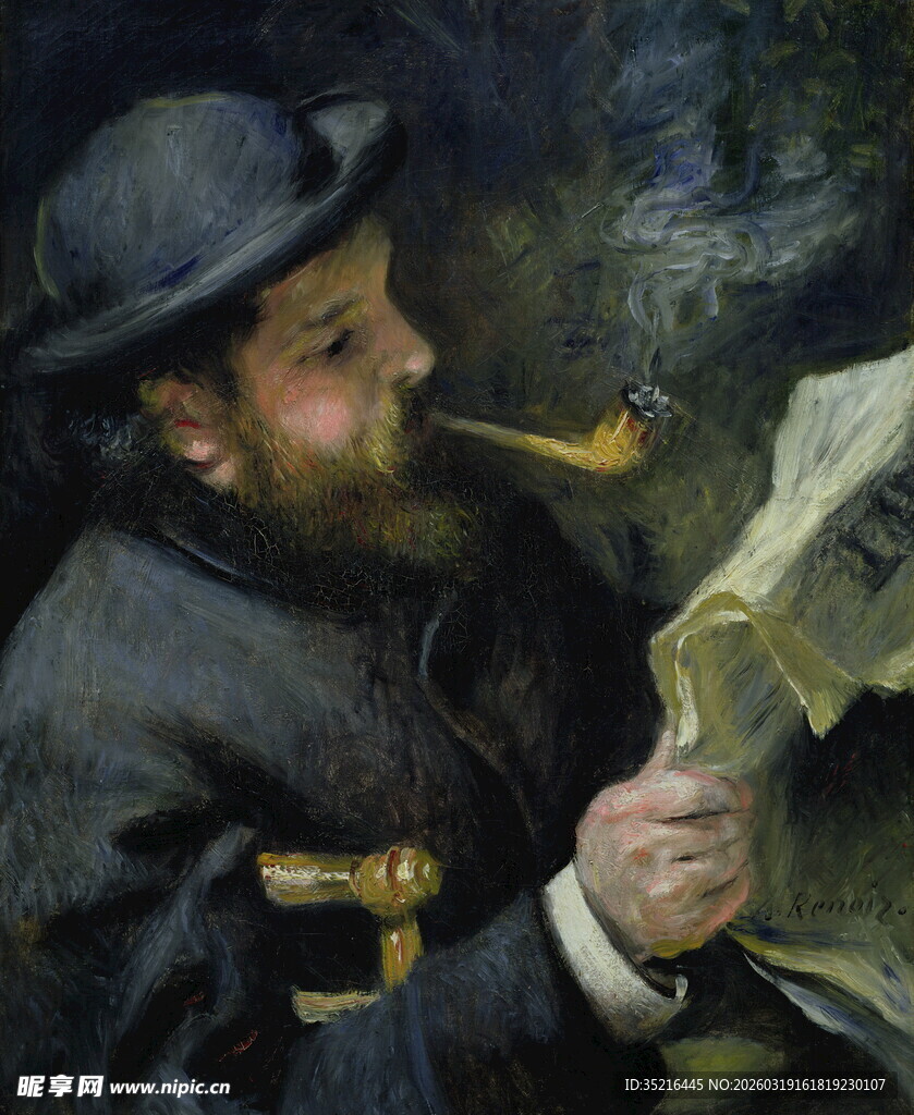 戴帽男子叼烟斗看报纸