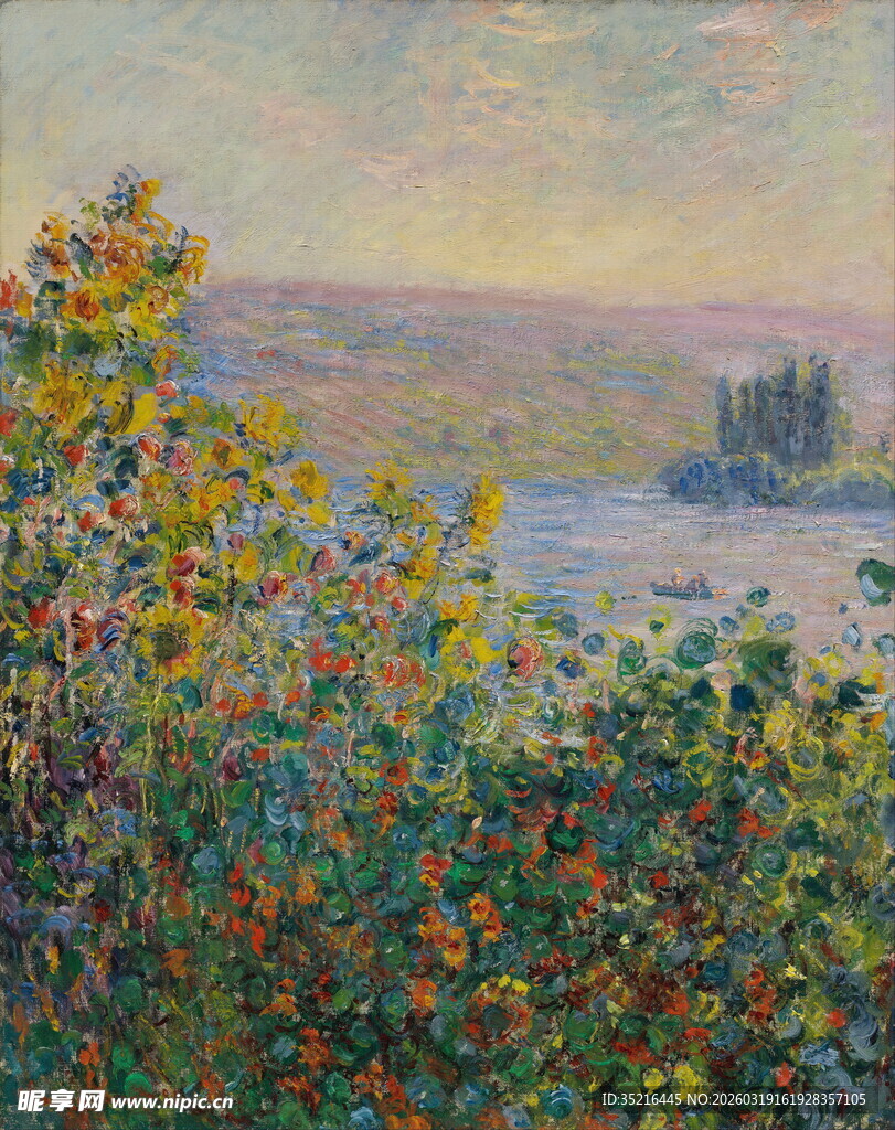 田野间绚烂花丛油画风景