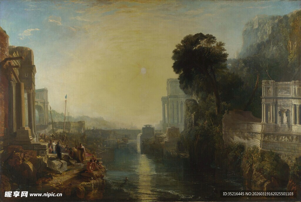 古典风景油画中的河畔景象