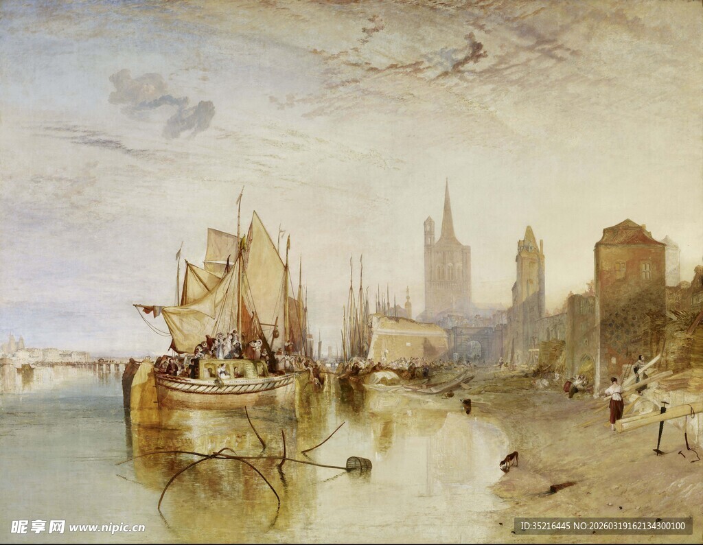 河畔船只与城市风景图