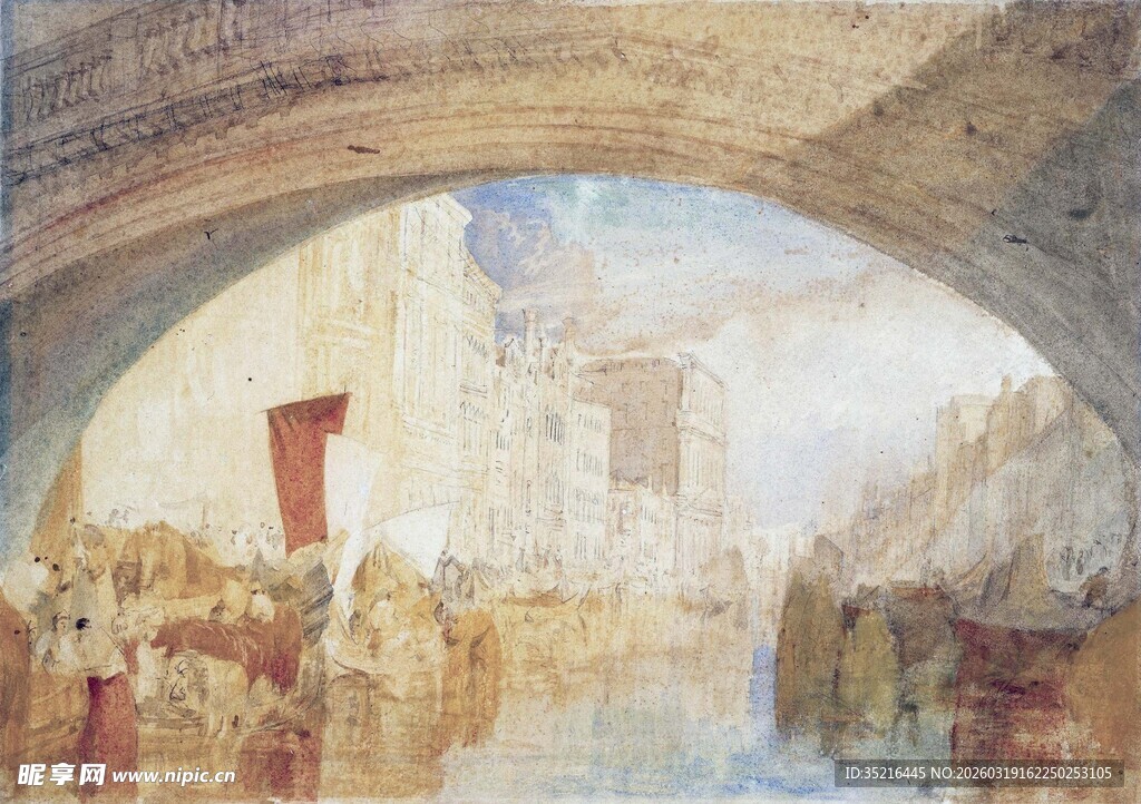 拱桥下的河畔热闹场景