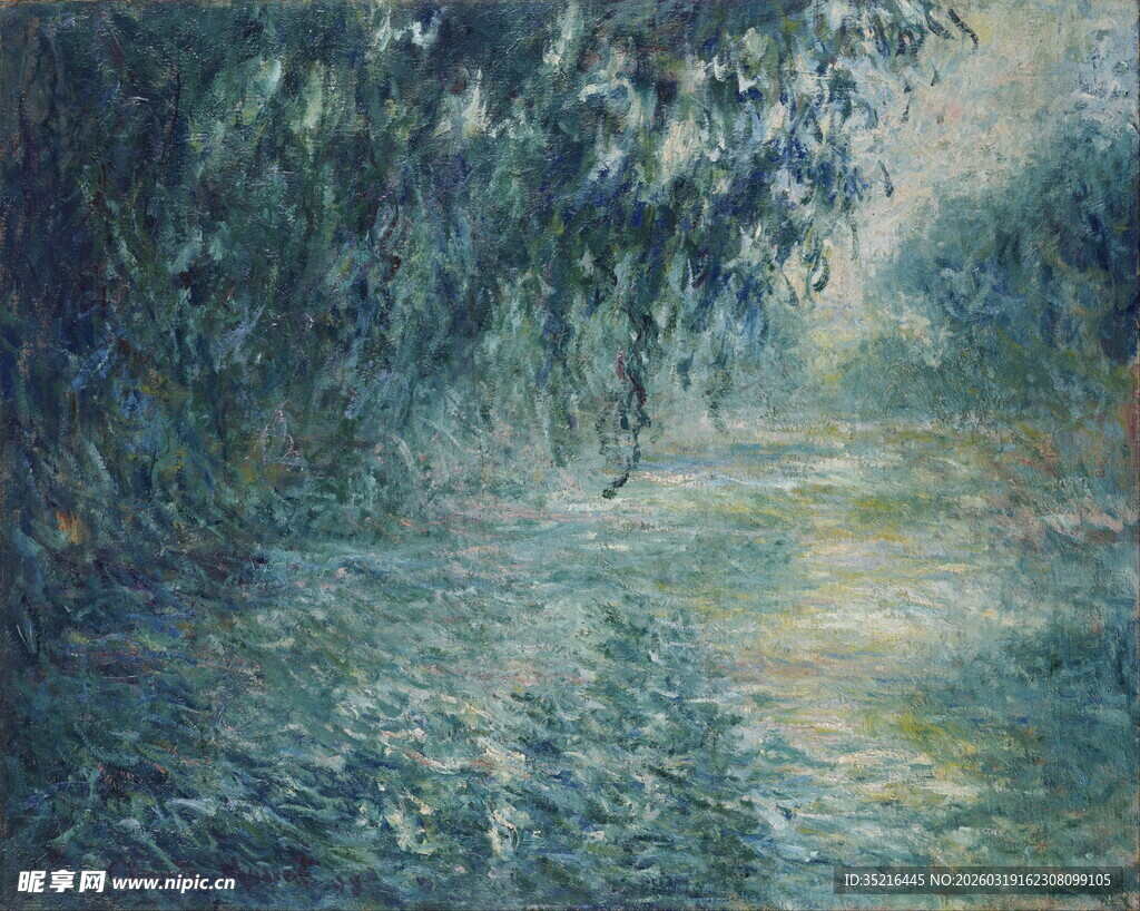 河畔垂柳风景油画