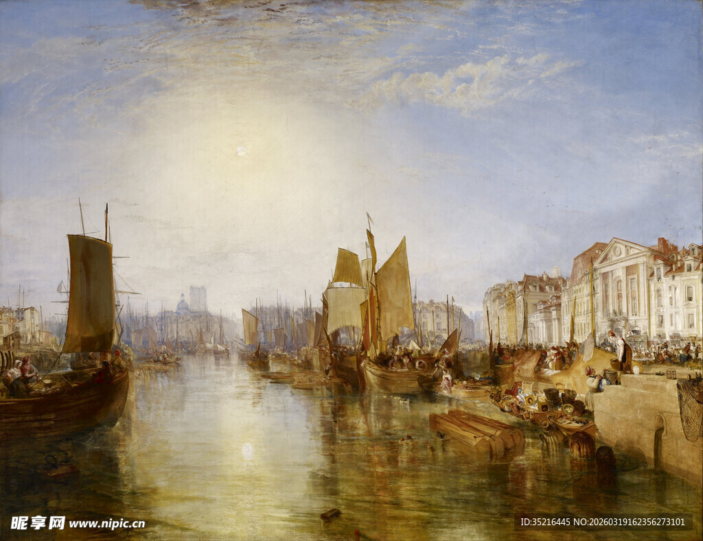 港口船只风景油画