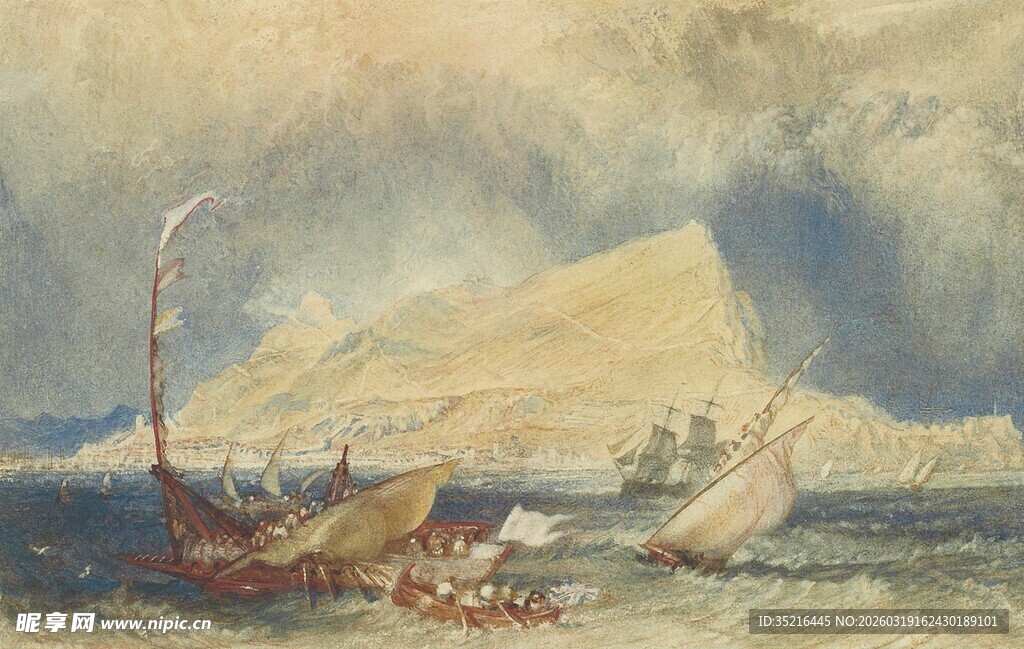 海上帆船与远山风景图