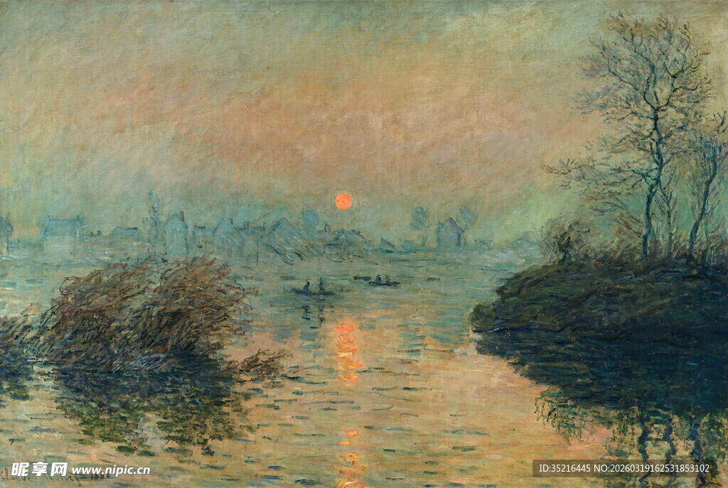 日出河畔风景油画