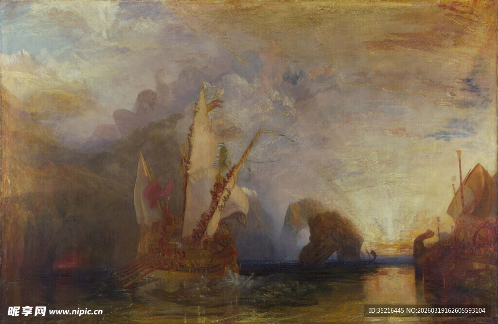 海上航行船只油画景象