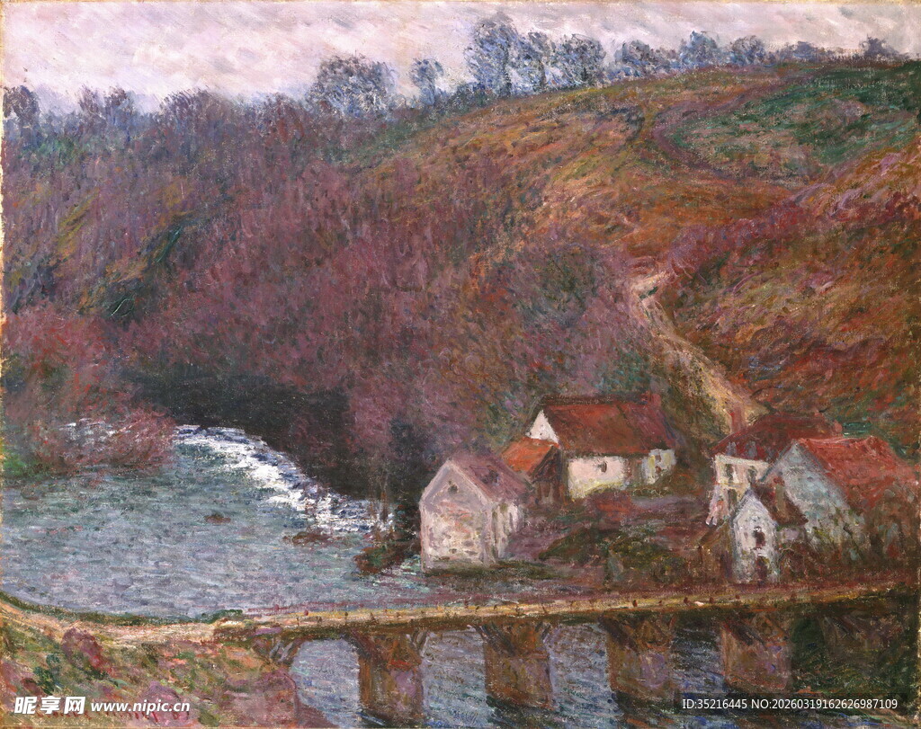 河畔村庄风景油画