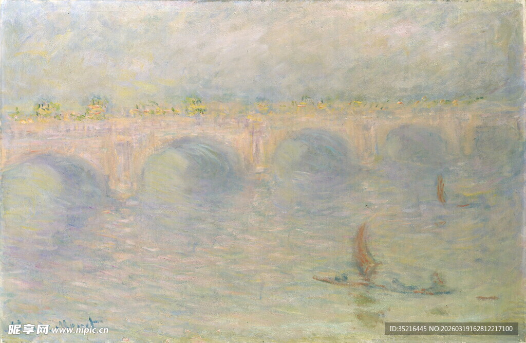 河畔桥梁风景油画