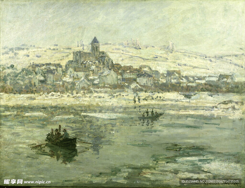 河畔小船与远处城镇风景