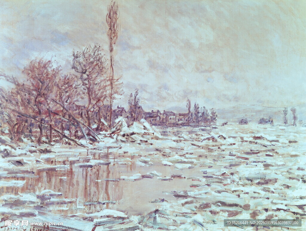 冬日雪景中的静谧河岸景色