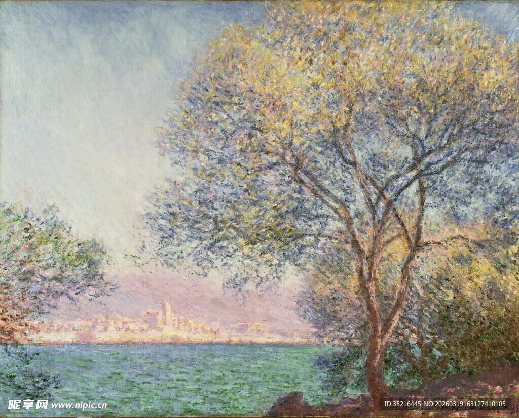 湖畔树木风景油画