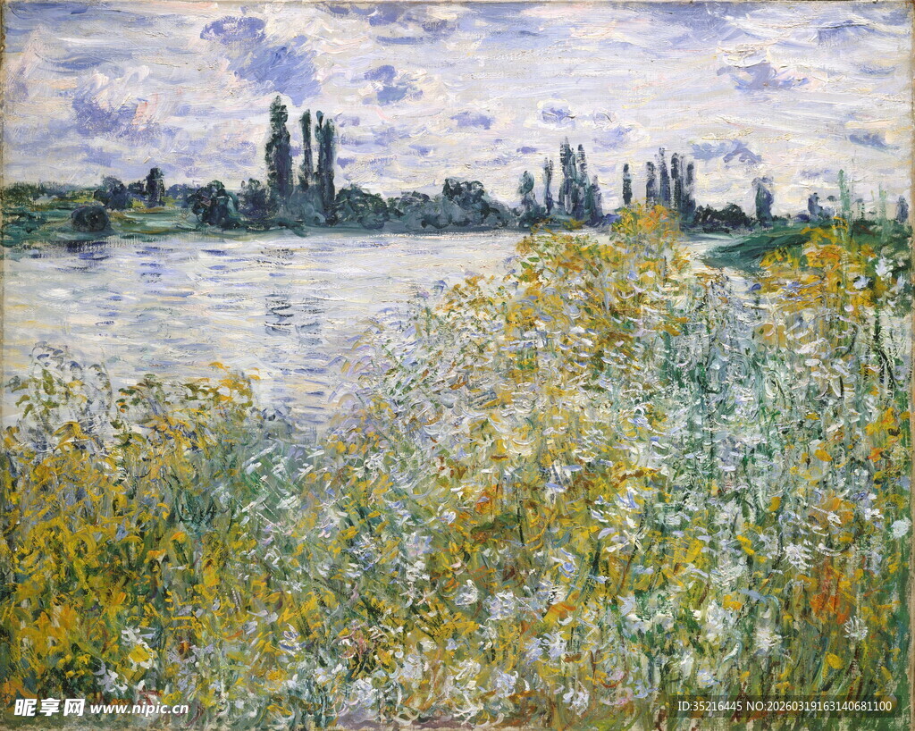 河畔繁花风景油画