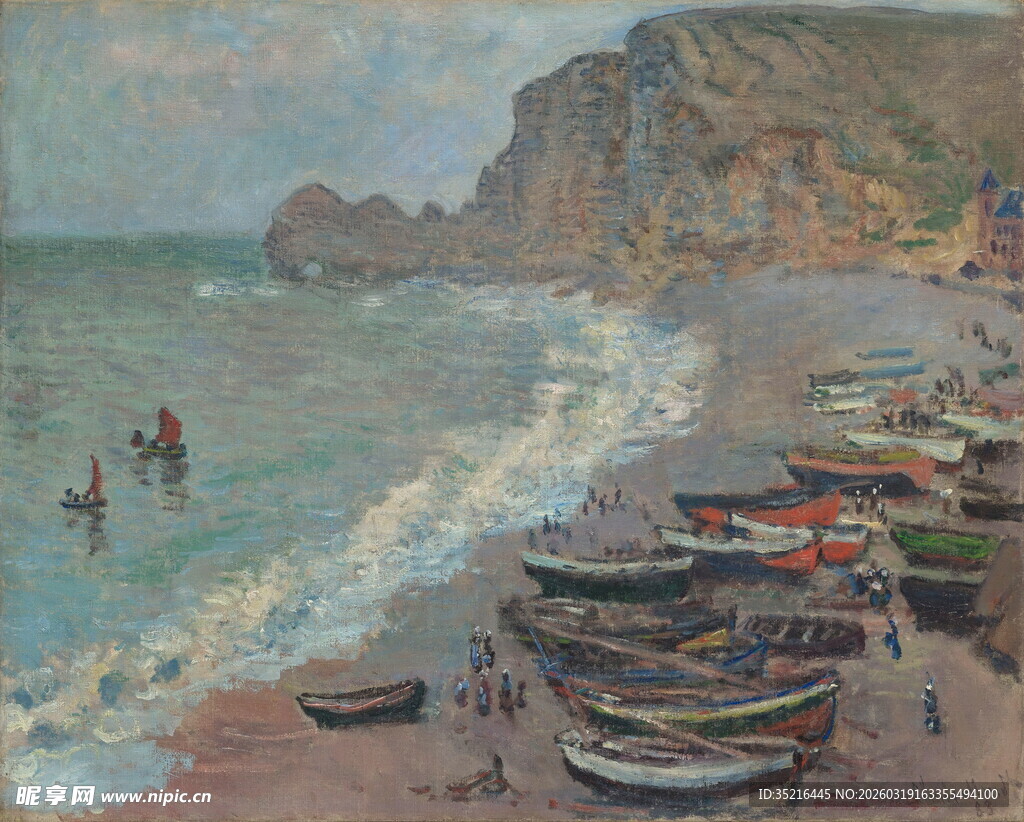 海边沙滩停泊的多彩渔船