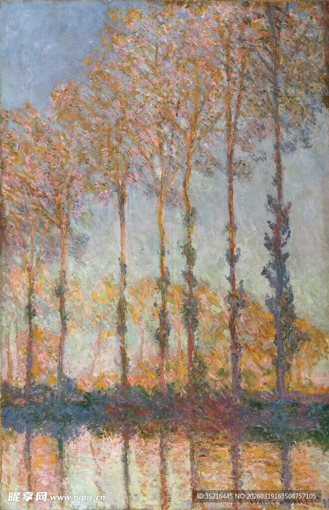 秋日湖畔树林风景油画