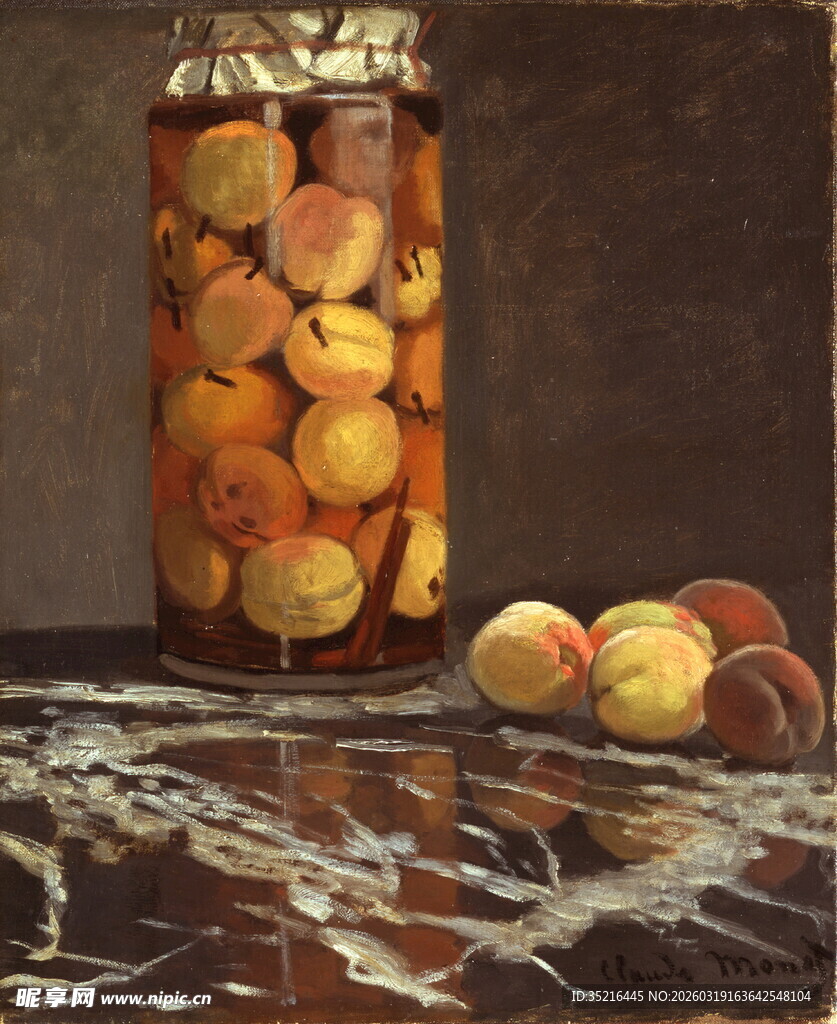 罐装桃子与大理石台静物