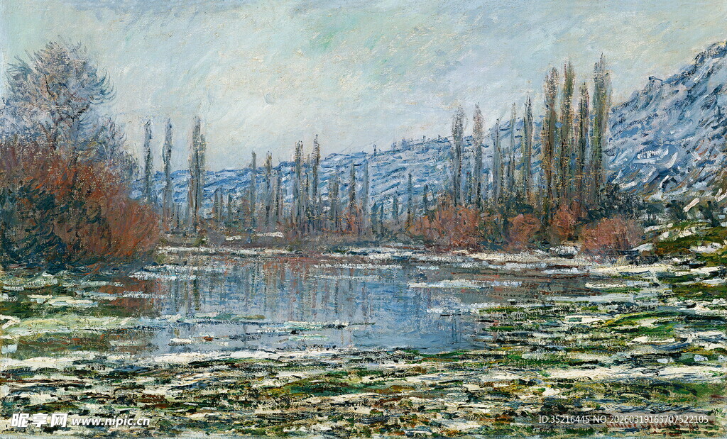 冬日静谧湖畔风景画