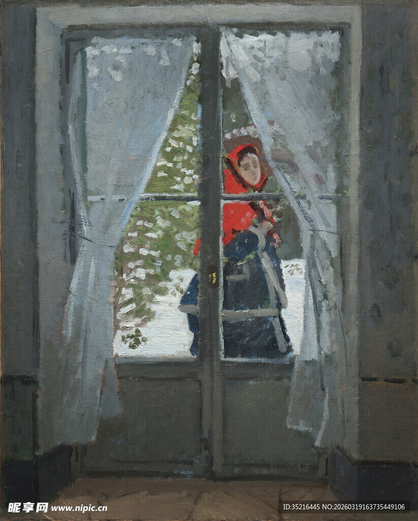 透过门帘看户外红衣人