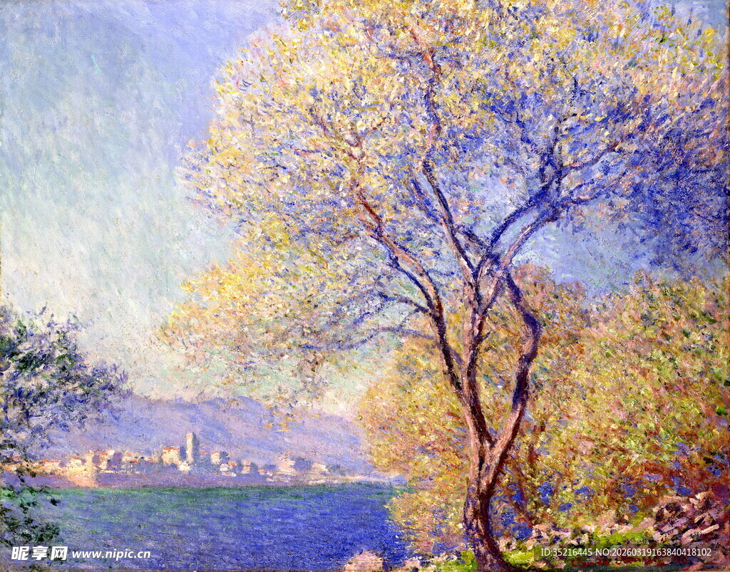 河畔繁花绿树风景图