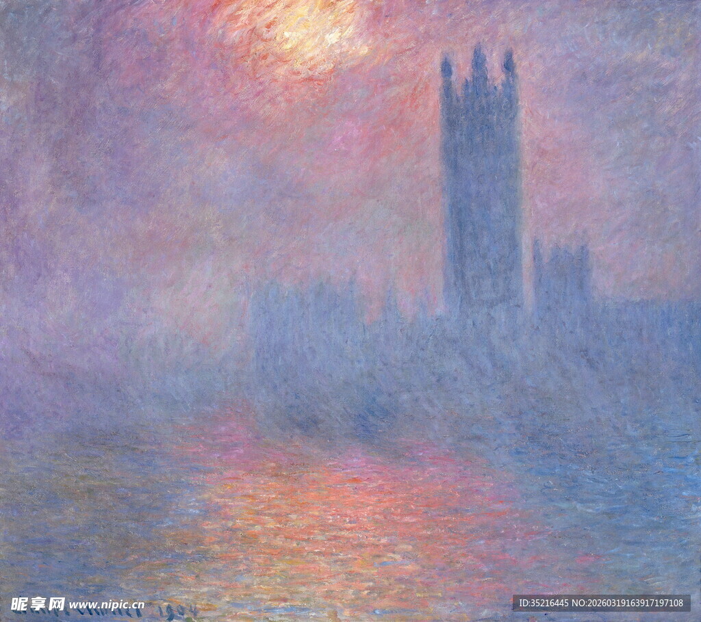 雾中河畔的哥特式建筑景观