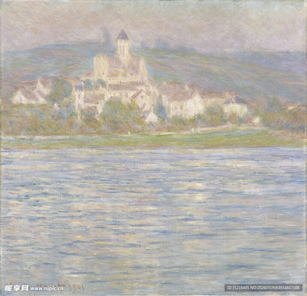 河畔城堡风景油画