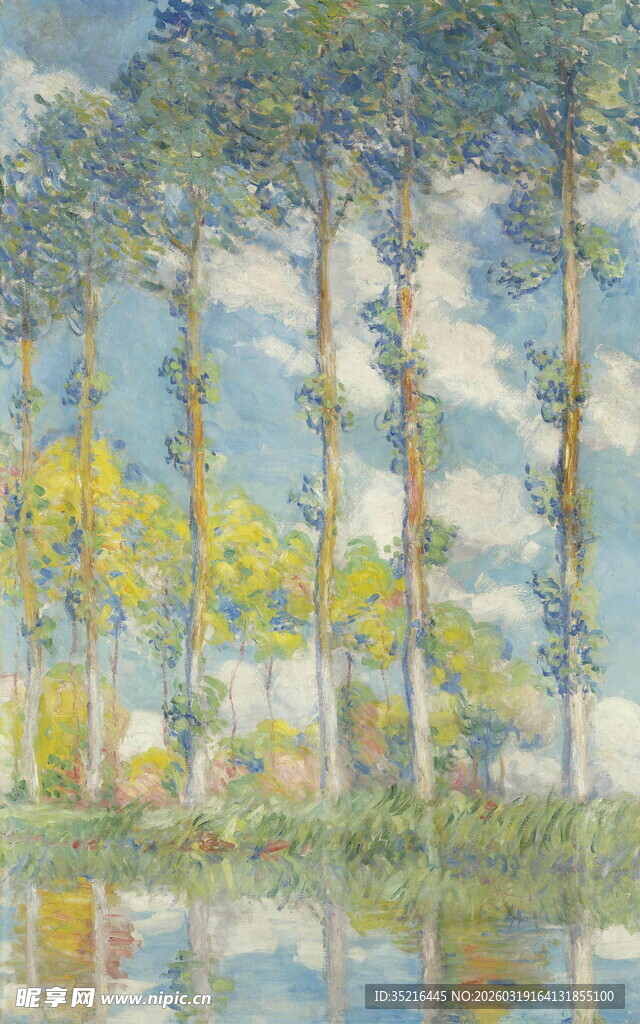 湖畔树林风景油画