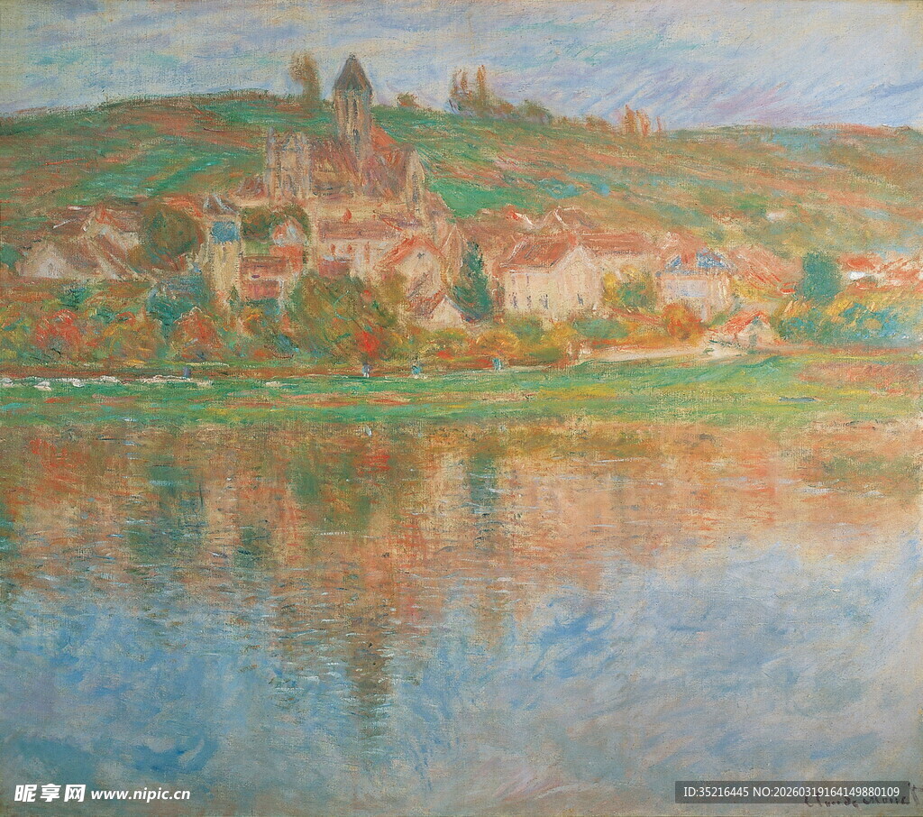 河畔小镇风景油画
