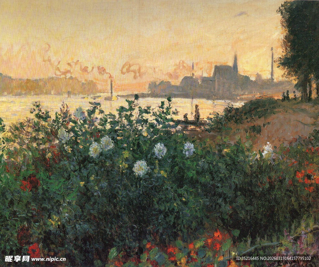 河畔花卉与远处城市景致